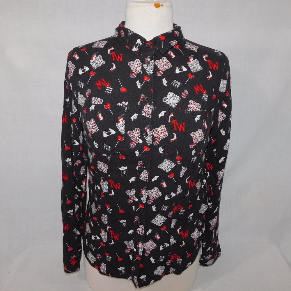 Tally Weijl  Black Red White GOOD VIBES  heart Lollipops Blouse Top Womens M